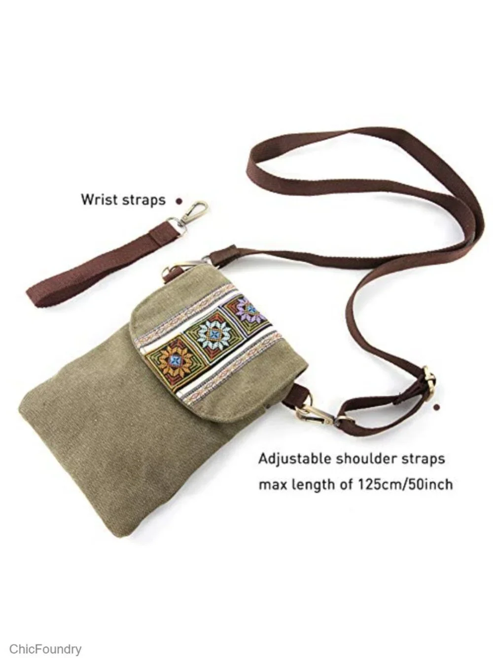 Canvas Embroidered Flip Crossbody Cell Phone Pouch Wristlet Wallet